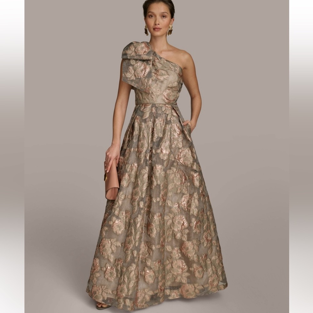 Donna Karan New York One-Shoulder Metallic Jacquard Gown, SIZE 12